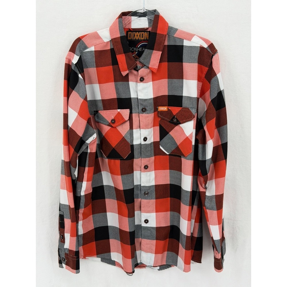 Dixxon Shirt Mens Large Orange Ironhead WTF Flannel Plaid Button‎ Up Streetwear